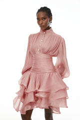 Emersyn Pink HighNeck Ruffled Detail Mini Dress