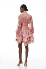 Emersyn Pink HighNeck Ruffled Detail Mini Dress