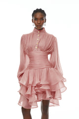 Emersyn Pink HighNeck Ruffled Detail Mini Dress