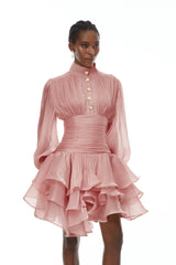 Emersyn Pink HighNeck Ruffled Detail Mini Dress