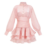 Emersyn Pink HighNeck Ruffled Detail Mini Dress
