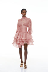 Emersyn Pink HighNeck Ruffled Detail Mini Dress