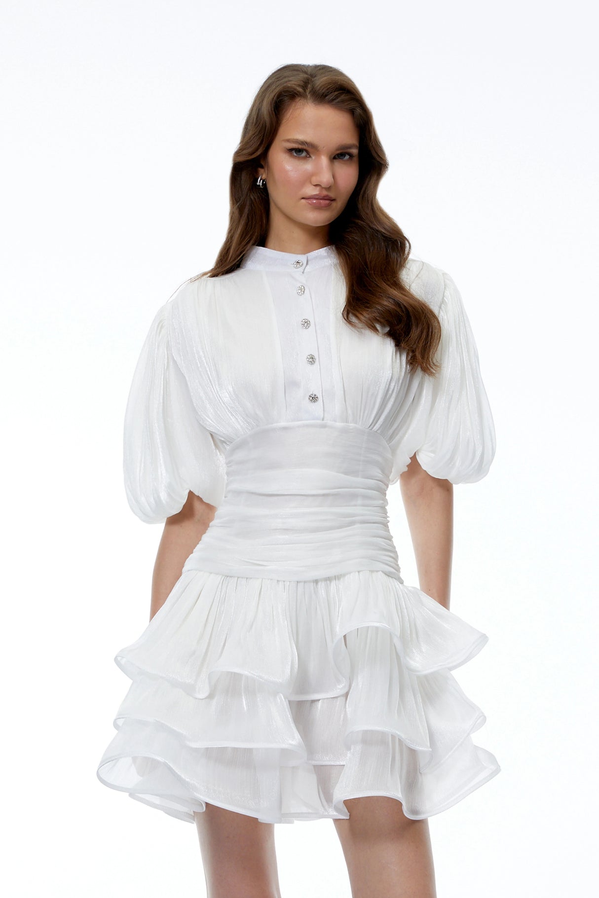 Emersyn White HighNeck Ruffled Detail Mini Dress
