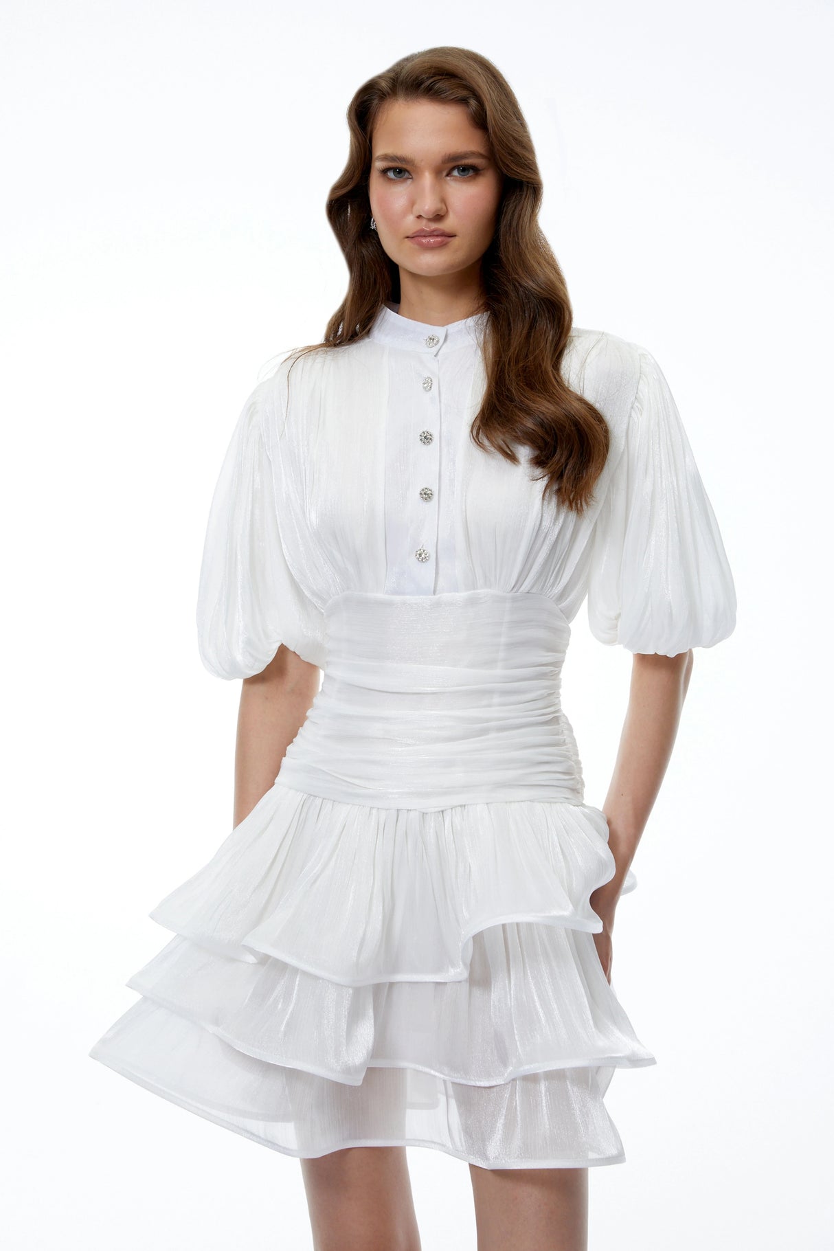 Emersyn White HighNeck Ruffled Detail Mini Dress