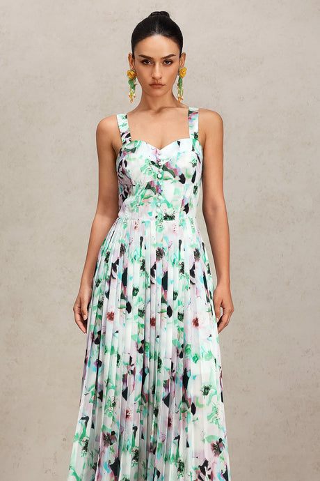 Emery Green Floral Halter Maxi Dress Lightweight Pleating Detailing Elegant Profile Summer Outings Special Occasions