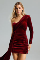 Emery Red Velvet One-Shoulder Pleated Dress