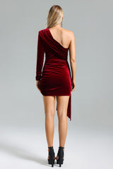 Emery Red Velvet One-Shoulder Pleated Dress