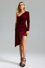 Emery Red Velvet One-Shoulder Pleated Dress