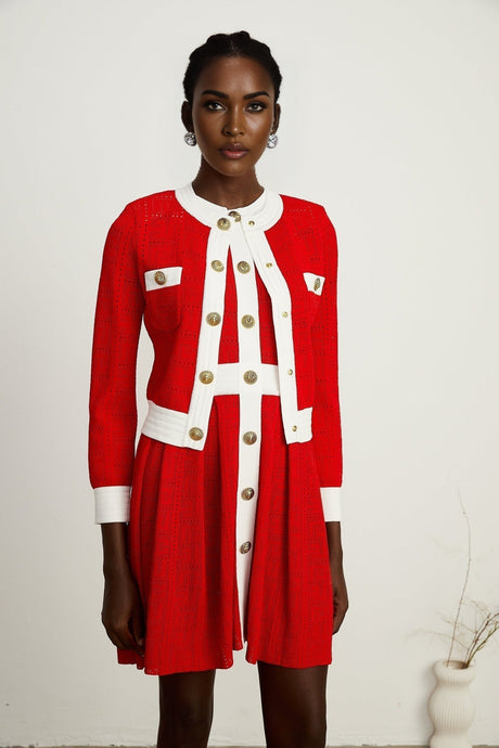 Emilee Cardigan - Pointelle - Round Neck - Long Sleeves - Contrasting Trim - Embossed Gold - Tone Buttons