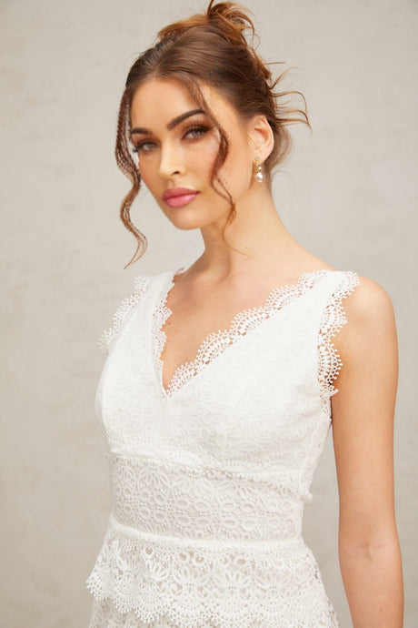 Emilee Mini Dress - V - neck - Sleeveless - Lace Trim - Tiered Design - Fitted Silhouette