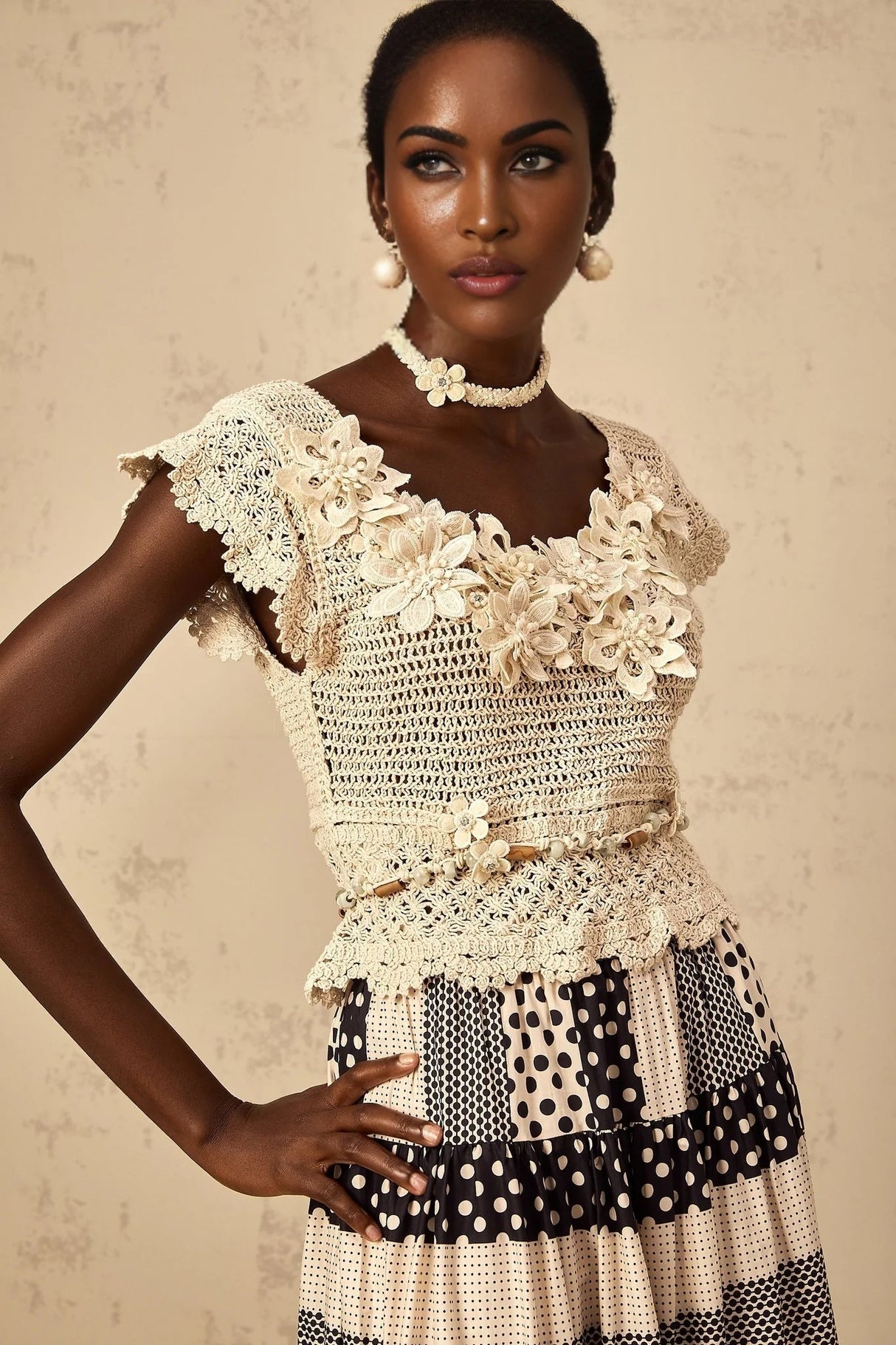 Emilee Top Beaded Crochet 3D - Petal Cut - Out & Bead Embellishment