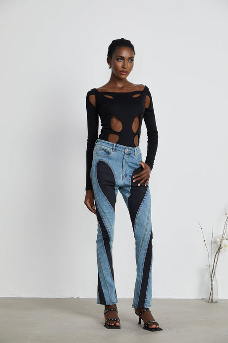 Emilia Bodysuit - Long Sleeve - Cut - Out Design - Double - Layer Construction - Semi - Sheer