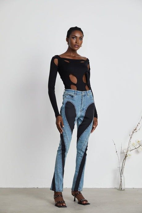 Emilia Bodysuit - Long Sleeve - Cut - Out Design - Double - Layer Construction - Semi - Sheer