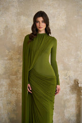 Emilia Green Asymmetrical Ribbon Draped Maxi Dress