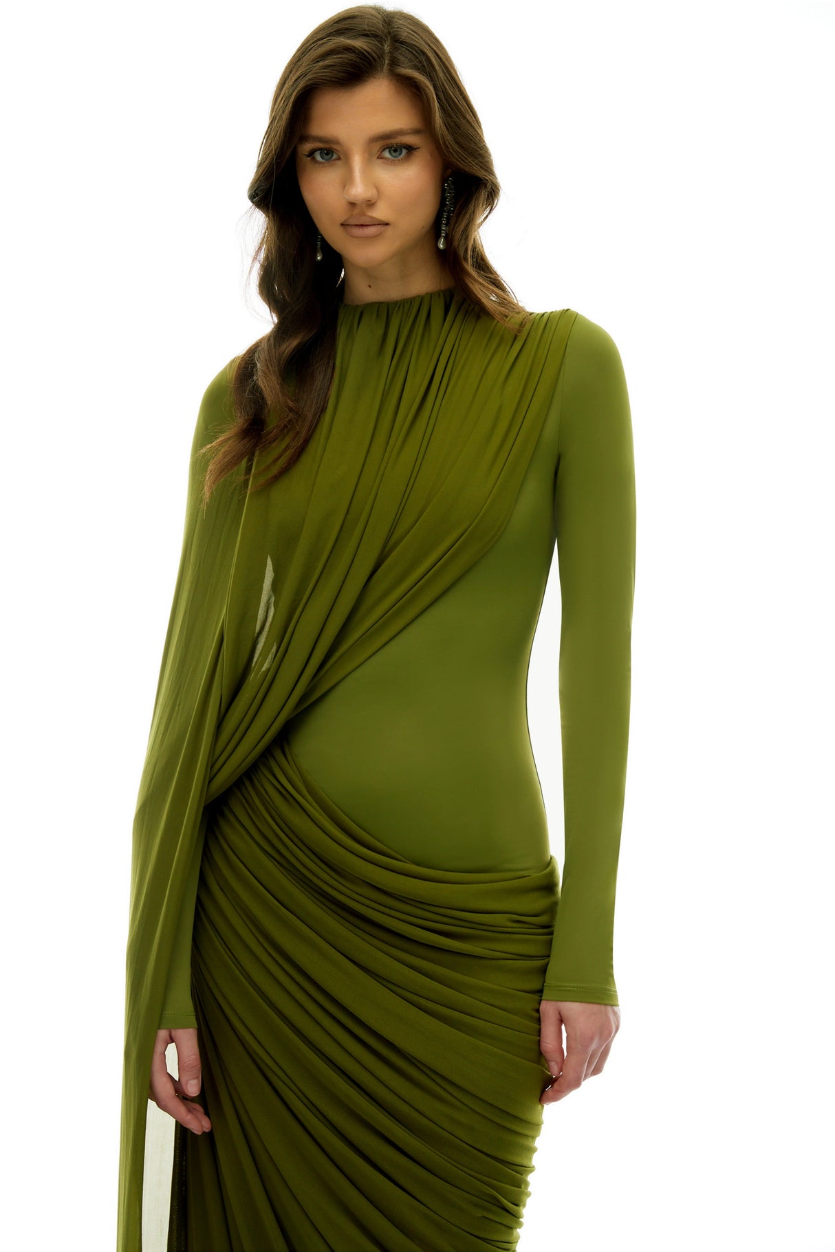 Emilia Green Asymmetrical Ribbon Draped Maxi Dress