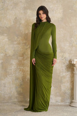 Emilia Green Asymmetrical Ribbon Draped Maxi Dress