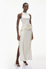 Emilia Ivory Satin Maxi Dress with Bow Detail