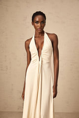 Emilia Maxi Dress White Deep - V Draped Ribbon Ruched Ankle - Length