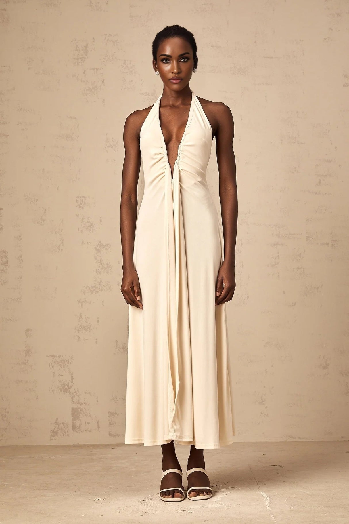 Emilia Maxi Dress White Deep - V Draped Ribbon Ruched Ankle - Length