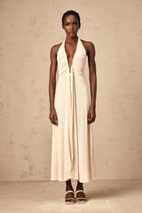 Emilia Maxi Dress White Deep - V Draped Ribbon Ruched Ankle - Length
