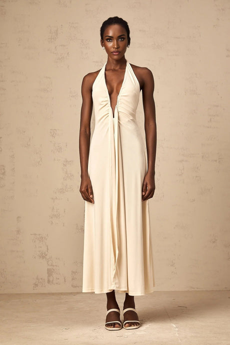 Emilia Maxi Dress White Deep - V Draped Ribbon Ruched Ankle - Length