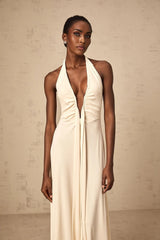 Emilia Maxi Dress White Deep - V Draped Ribbon Ruched Ankle - Length