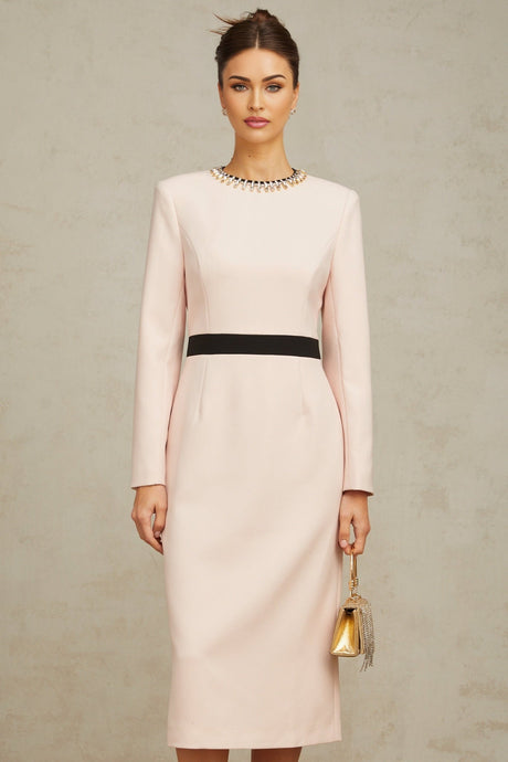 Emilia Midi Dress - Color Block Design - Crystal Embellishment - Dart Detailing - Rear Slit