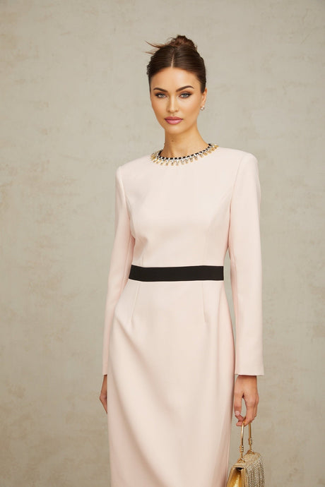 Emilia Midi Dress - Color Block Design - Crystal Embellishment - Dart Detailing - Rear Slit
