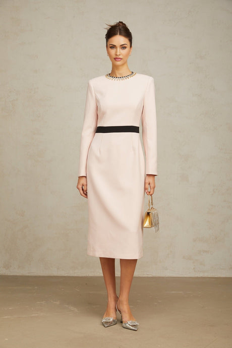 Emilia Midi Dress - Color Block Design - Crystal Embellishment - Dart Detailing - Rear Slit