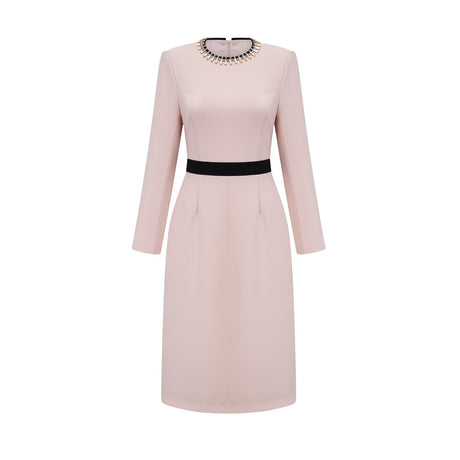 Emilia Midi Dress - Color Block Design - Crystal Embellishment - Dart Detailing - Rear Slit