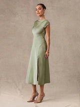 Emilia Midi Dress - Round Neck - Formal & Evening - High Waist - Elegant Style - Backless Twist Zipper