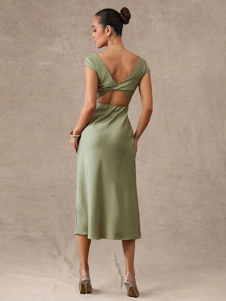 Emilia Midi Dress - Round Neck - Formal & Evening - High Waist - Elegant Style - Backless Twist Zipper