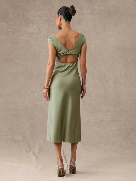 Emilia Midi Dress - Round Neck - Formal & Evening - High Waist - Elegant Style - Backless Twist Zipper