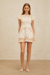 Emilia Mini Dress - Cap Sleeves - Cinched Waist - Crochet Detail - Floral Jacquard