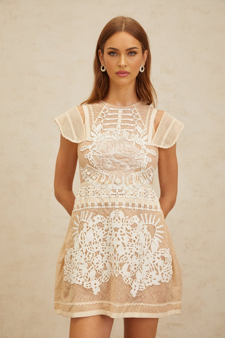 Emilia Mini Dress - Cap Sleeves - Cinched Waist - Crochet Detail - Floral Jacquard
