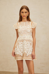 Emilia Mini Dress - Cap Sleeves - Cinched Waist - Crochet Detail - Floral Jacquard