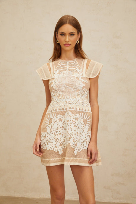 Emilia Mini Dress - Cap Sleeves - Cinched Waist - Crochet Detail - Floral Jacquard