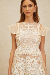 Emilia Mini Dress - Cap Sleeves - Cinched Waist - Crochet Detail - Floral Jacquard