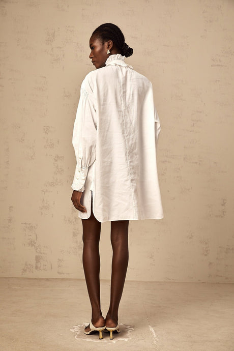 Emilia Mini Dress - Frilled Neck Design - Long Sleeves - Buttoned Cuffs - Ruffled Detailing