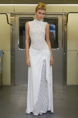 Emilia White Asymmetrical Floral Lace Maxi Dress