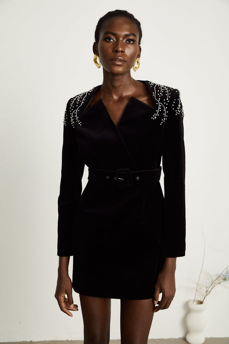 Émilie black crystalembellished velvet mini dress