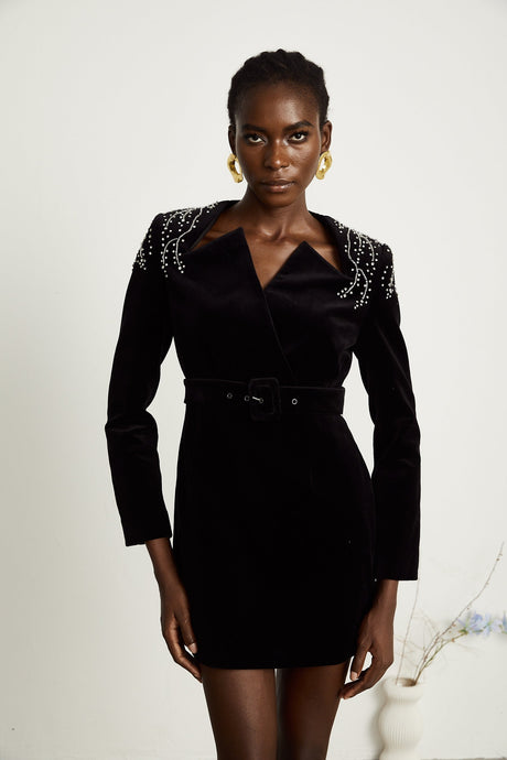 Émilie black crystalembellished velvet mini dress