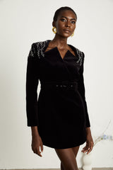 Émilie black crystalembellished velvet mini dress