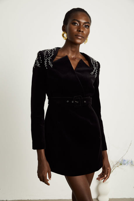 Émilie black crystalembellished velvet mini dress