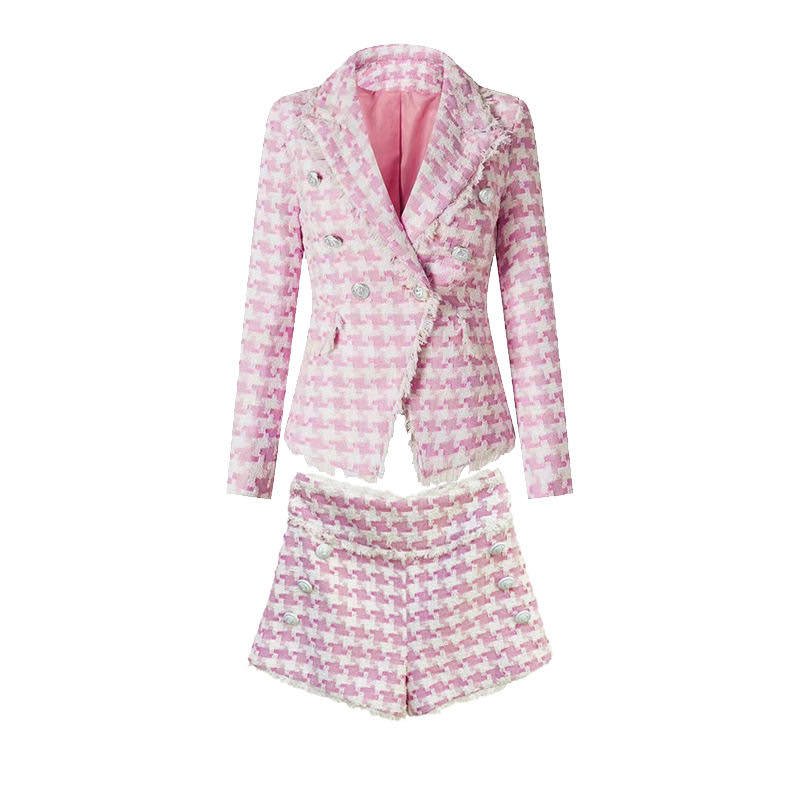 Emily Blazer & Shorts Set - Timeless Houndstooth Design - Tailored Fit - Chic Buttons - Premium Cotton - Spandex Blend