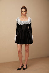 Emily Mini Dress - Square Neckline - Ruffled Cuffs - Color Blocked Design - Puff Skirt