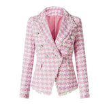 Pink houndstooth double-breasted blazer with silver buttons paired with matching high-waisted shorts
