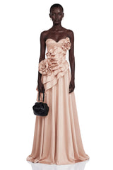 Emine Pink Asymmetrical Tiered Maxi Dress with 3D Florals