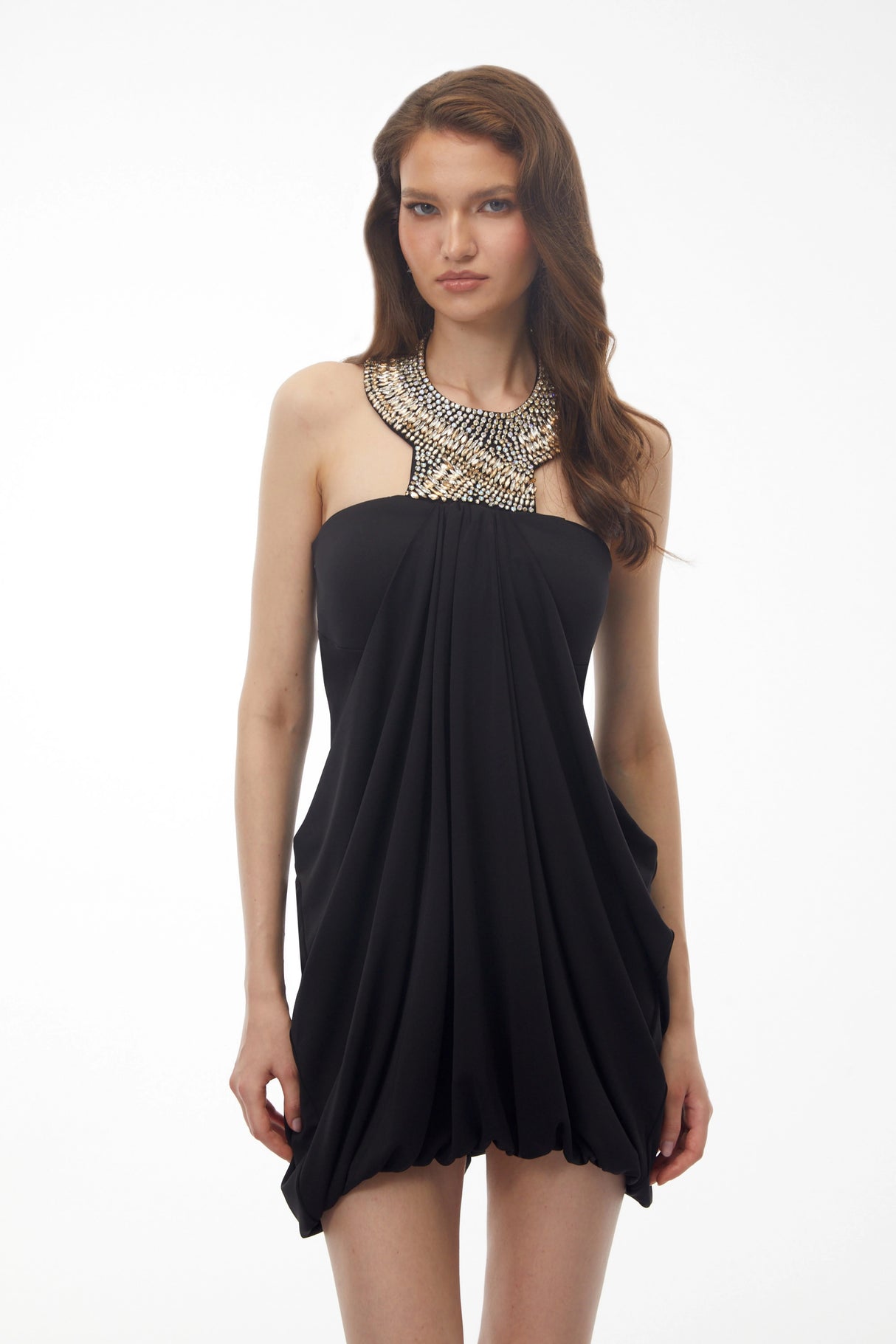 Emma Black Halterneck Embellished Ruched Mini Dress