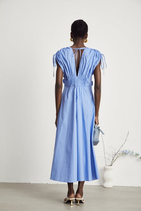 Emma Maxi Dress - V - Neck Style - Short Sleeves - 3D Petal Detailing - Elegant Bow
